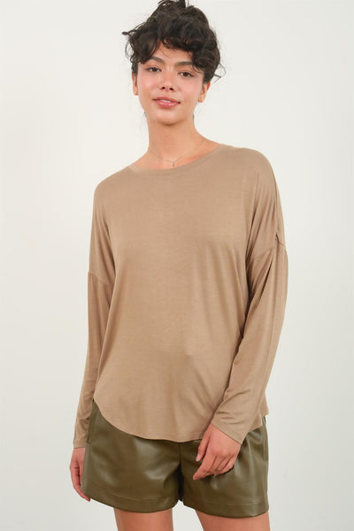 ROUND NECK LONG SLEEVE CURVED HEM TOP - MOCHA BROWN