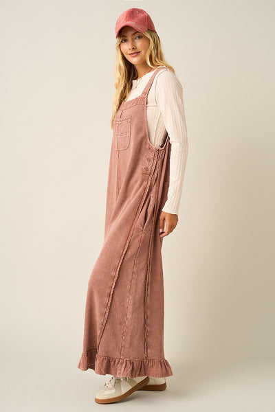Mineral Washed Ruffle Hem Overall Jumpsuit- Red Bean