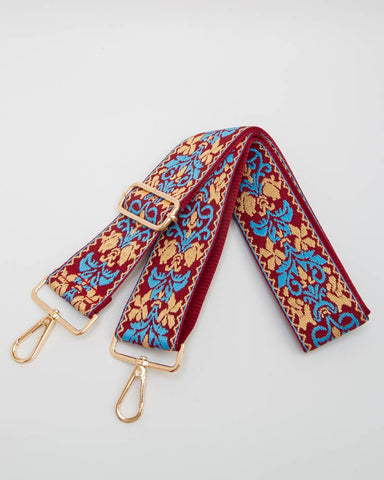 WOVEN JACQUARD ADJUSTABLE CANVAS BAG STRAP - BURGUNDY/BLUE