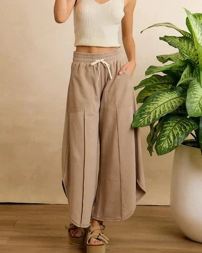 French Terry Out Seam Detail Tulip Hem Pants- Taupe - Reg/Curvy - Salty Lime Boutique