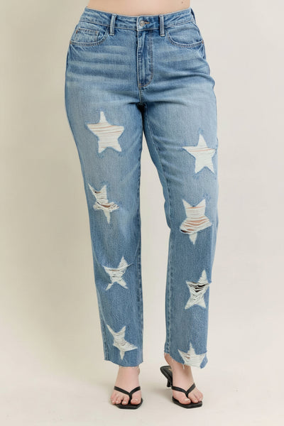 Judy Blue Jeans High Ride Rigid Magic Star Shaped Destroy 90's Straight Jeans Reg/Curvy