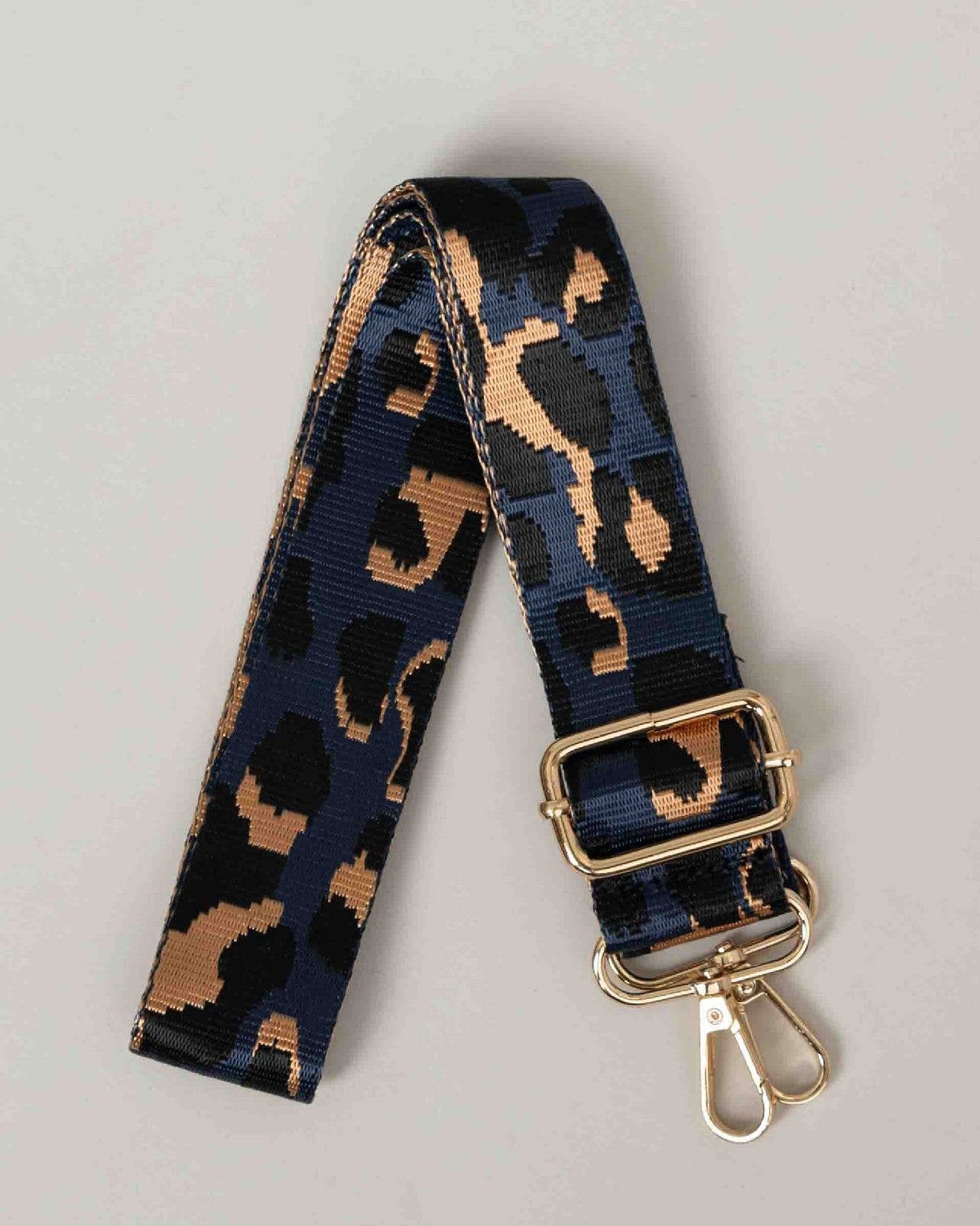 METALLIC CHEETAH WOVEN ADJUSTABLE CANVAS BAG STRAP - NAVY/GOLD
