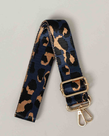 METALLIC CHEETAH WOVEN ADJUSTABLE CANVAS BAG STRAP - NAVY/GOLD