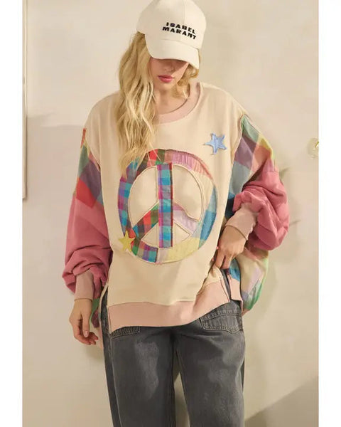 PATCHWORK PEACE SIGN PLAID SWEATSHIRT - CORAL