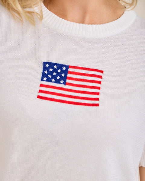USA FLAG SHORT SLEEVE KNIT TOP- WHITE - Salty Lime Boutique
