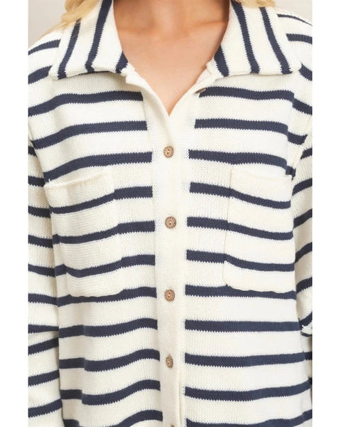 Coastal Charm Striped Button-Front Cardigan - Cream/Navy