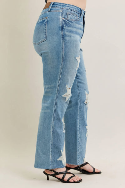 Judy Blue Jeans High Ride Rigid Magic Star Shaped Destroy 90's Straight Jeans Reg/Curvy