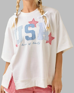USA PATCHWORK LAND OF LIBERTY TEE - WHITE OVERSIZED BOXY TEE