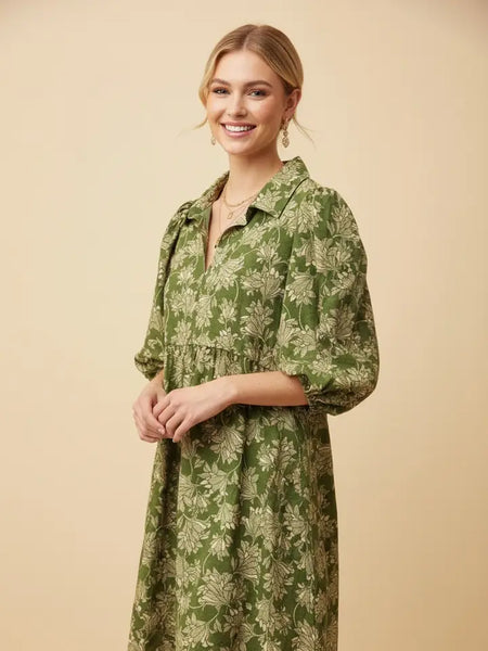 HD50081 Botanical Puff Sleeve Babydoll Mini Shirt Dress - Salty Lime Boutique