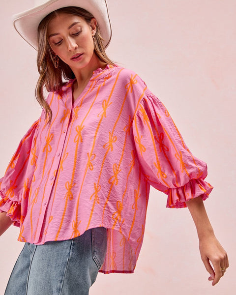 BOW RIBBON PRINTED WOVEN BUBBLE SLEEVES TOP WIHT BUTTON DOWN - REG/CURVY - Salty Lime Boutique