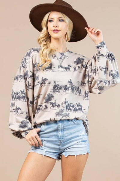 HAILEY WESTERN PRINT SWEATSHIRT - KHAKI/CHARCOAL