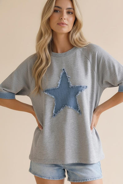 Denim Star Patchwork Washed French Terry Top HCT7559A - Salty Lime Boutique
