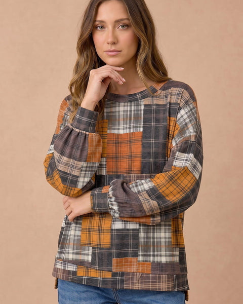 Harvest Moon Patchwork Sweater Top - Rust