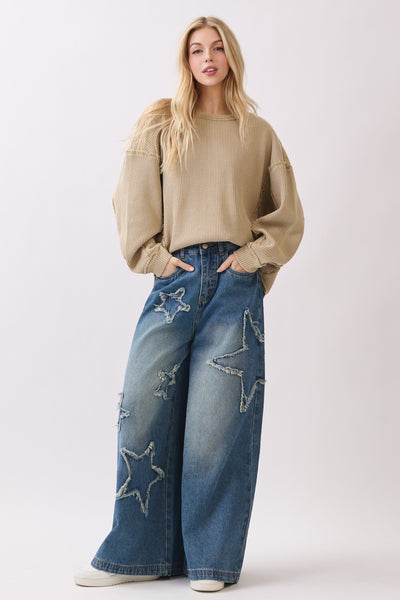 STAR PATCHWORK WIDE LEG DENIM PANT - DENIM