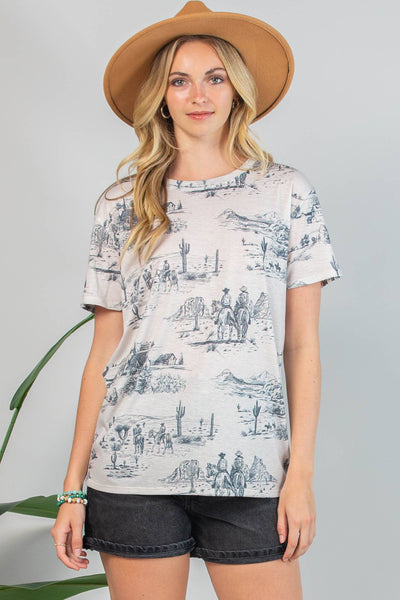 ELSA WESTERN LIFESTYLE PRINT T-SHIRT - GREY - REG/CURVY