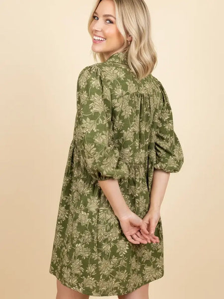 HD50081 Botanical Puff Sleeve Babydoll Mini Shirt Dress - Salty Lime Boutique