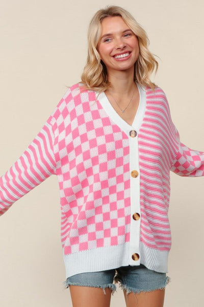 PRICILLA CHECKERED & STRIPED CARDIGAN - PINK