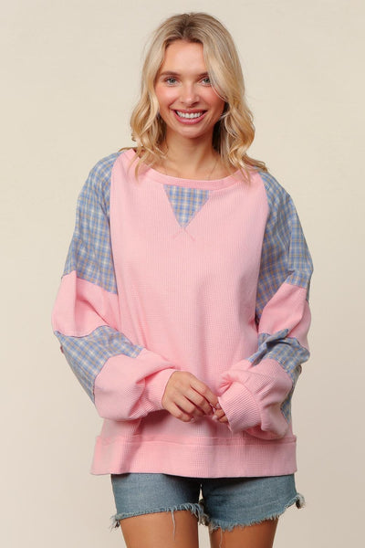 Thermal Plaid Woven Loose Fit Pullover Top - PINK - Salty Lime Boutique