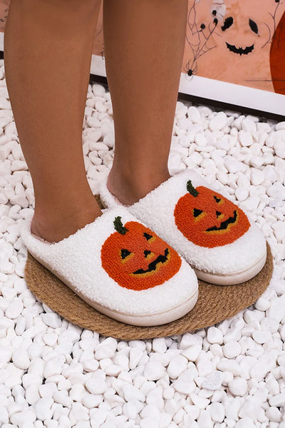 HALLOWEEN PUMPKIN PRINT PLUSH SLIPPERS - WHITE