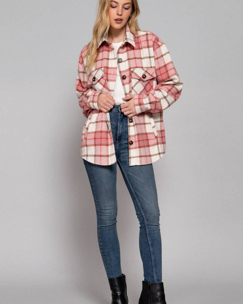 LONG SLEEVE WOOL BLEND PLAID JACKET - PINK - CURVY