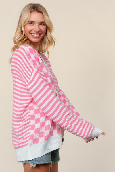 PRICILLA CHECKERED & STRIPED CARDIGAN - PINK