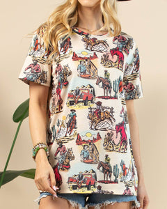 JUDY VINTAGE WESTERN PRINT SHORT SLEEVE T-SHIRT: CREAM/MULTI-COLORED PRINT