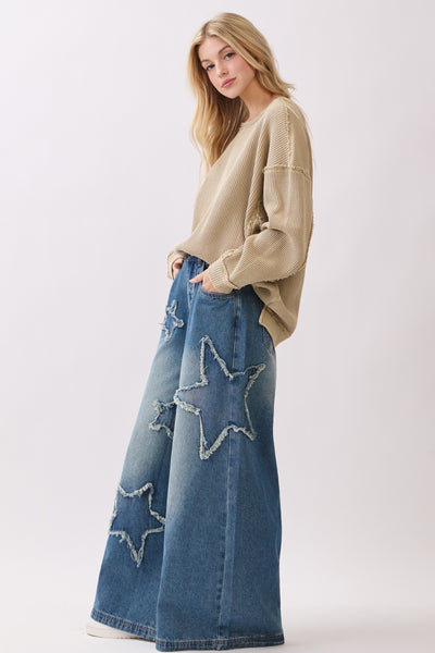 STAR PATCHWORK WIDE LEG DENIM PANT - DENIM