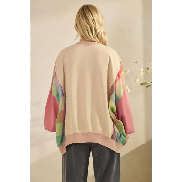 PATCHWORK PEACE SIGN PLAID SWEATSHIRT - CORAL