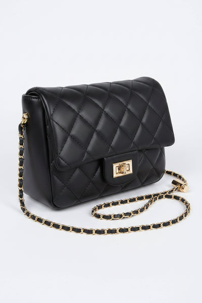 Quilted Faux Leather Flap Bag: Black - Salty Lime Boutique