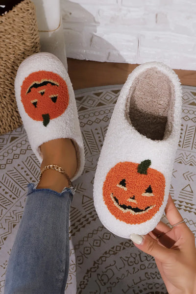 HALLOWEEN PUMPKIN PRINT PLUSH SLIPPERS - WHITE