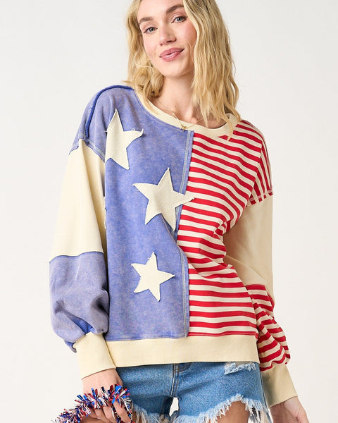 American Flag Patchwork Color Block Sweatshirt C15773_3 - Salty Lime Boutique