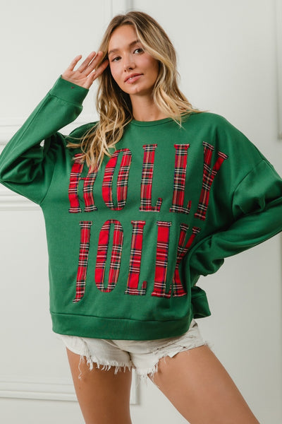 PLAID HOLLY JOLLY CHRISTMAS SWEATSHIRT - DK. GREEN