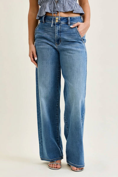 HIGH RISE COLUMN TROUSER LEG JEAN BY JUDY BLUE - MEDIUM WASH - REG/CURVY - Salty Lime Boutique