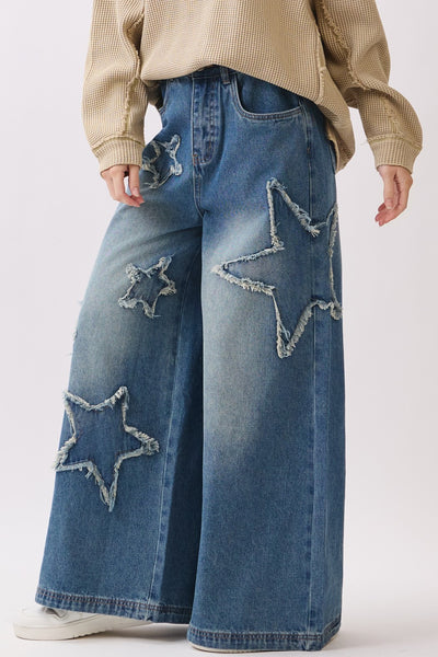 STAR PATCHWORK WIDE LEG DENIM PANT - DENIM
