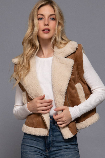 FAUX SUEDE INNER FUR VEST - CARMEL - REG/CURVY