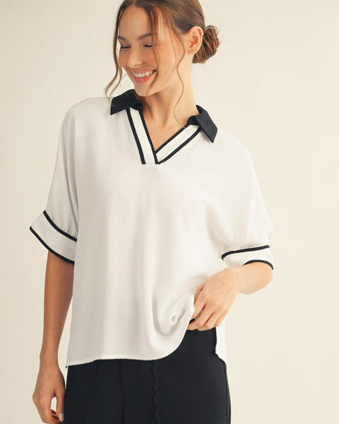 Color Contrast Detail Loose Fit Top- WHITE - Salty Lime Boutique