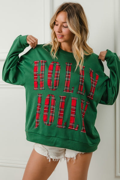 PLAID HOLLY JOLLY CHRISTMAS SWEATSHIRT - DK. GREEN
