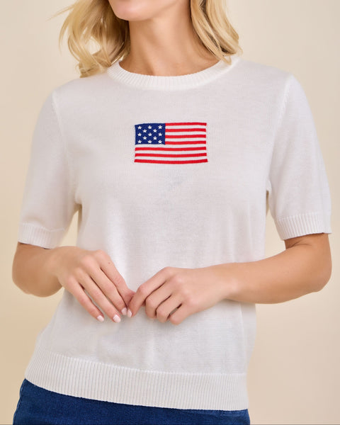 USA FLAG SHORT SLEEVE KNIT TOP- WHITE - Salty Lime Boutique
