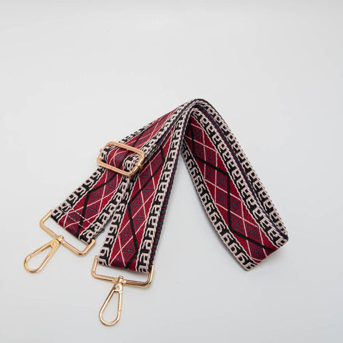 GEOMETRIC DIAMOND WOVEN ADJUSTABLE WOVEN BAG STRAP = BEIGE/BURGUNDAY