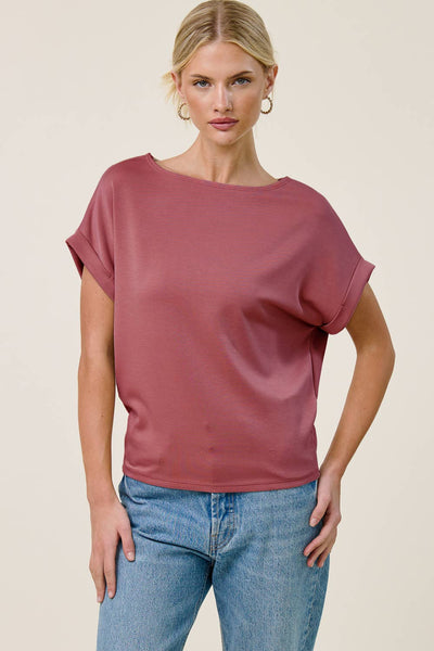 Scuba Cuffed Sleeve Top - Dark Mauve