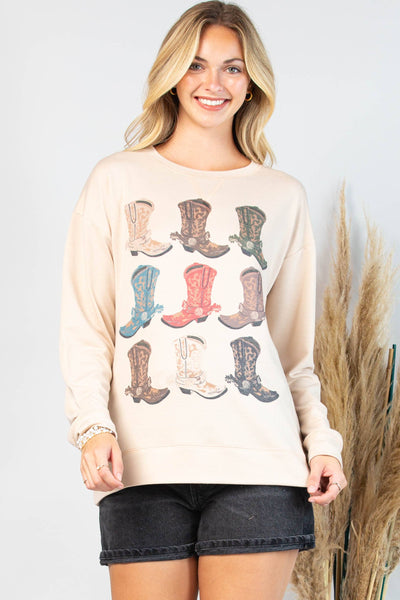 KACY WESTERN BOOTS GRAPHIC SWEATSHIRT - KHAKI