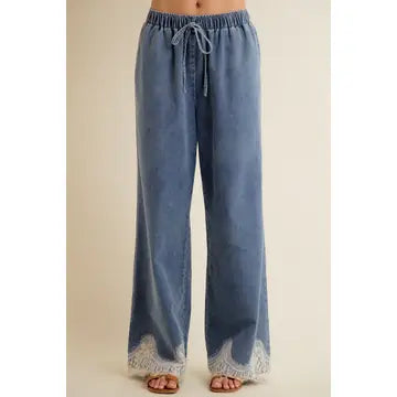 Elizabeth Denim Lace Trim Pants - Med Wash - Salty Lime Boutique