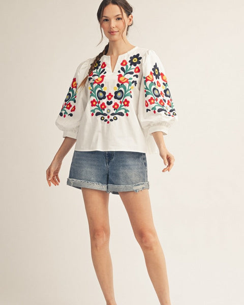 PUFF SLEEVE EMBROIDERED TOP - WHITE - Salty Lime Boutique
