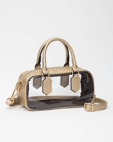 Clear Plastic East-West Top Handle/Crossbody Bag - Gold