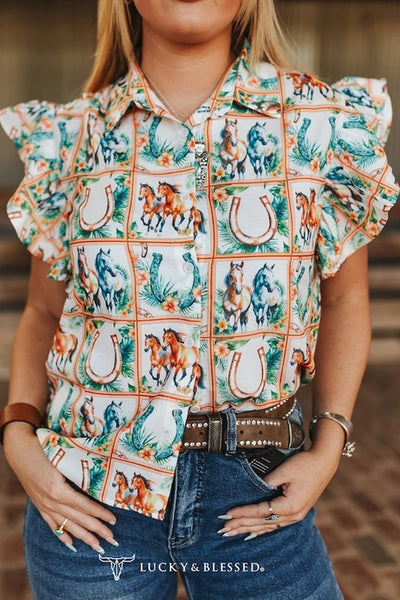 Horse Printed Collared Button Down Ruffle Short Sleeve Top - Salty Lime Boutique