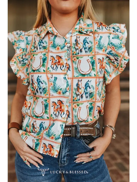 Horse Printed Collared Button Down Ruffle Short Sleeve Top - Salty Lime Boutique