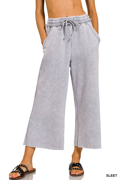 ACID WASHED FLEECE CROPPED SWEATPANTS - LT GREY