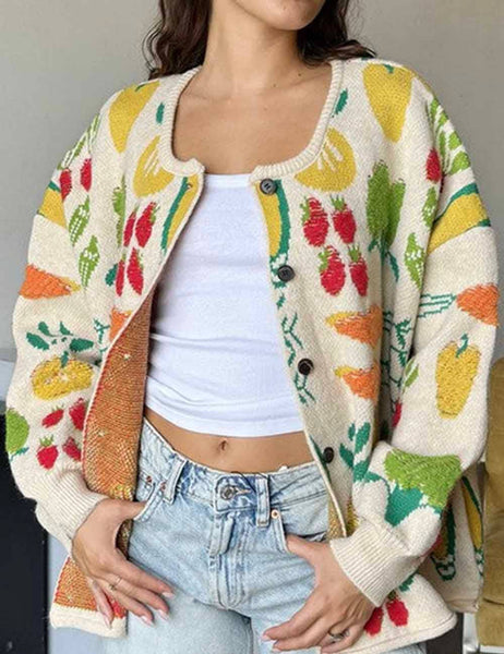 VEGGIE GARDEN JACQUARD BUTTONED CARDIGAN - CREAM - REG/CURVY