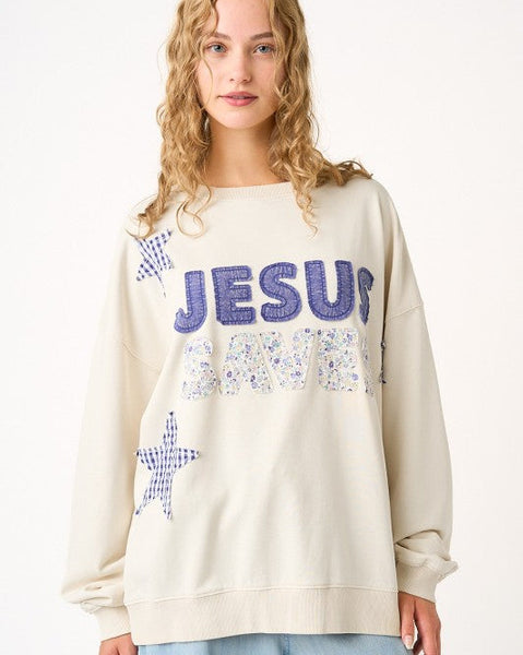 JESUS SAVES LONG SLEEVE SWEATSHIRT  - OATMEAL