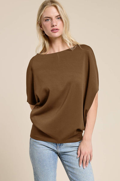 Claudia Short Sleeve Scuba Dolman Top - Brown